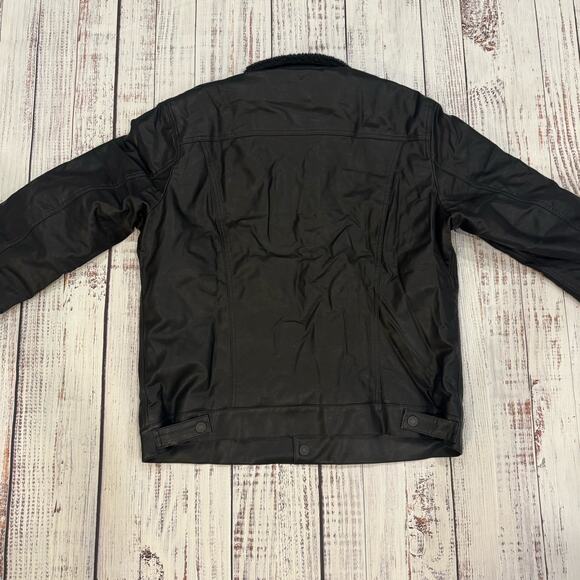 Levi’s Faux Leather Sherpa Lined Trucker Jacket Men’s XL Black Snap Front - Picture 2 of 13